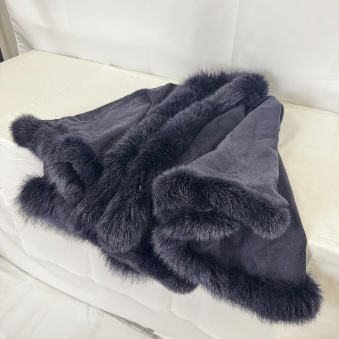 M63-50-10】美品 カシミア 毛皮 フォックス ポンチョ パープル