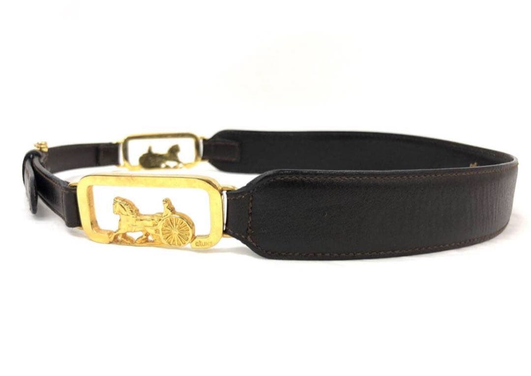 T04/078CELINEセリーヌ 馬車金具 ゴールドバックル ベルト ブラウン