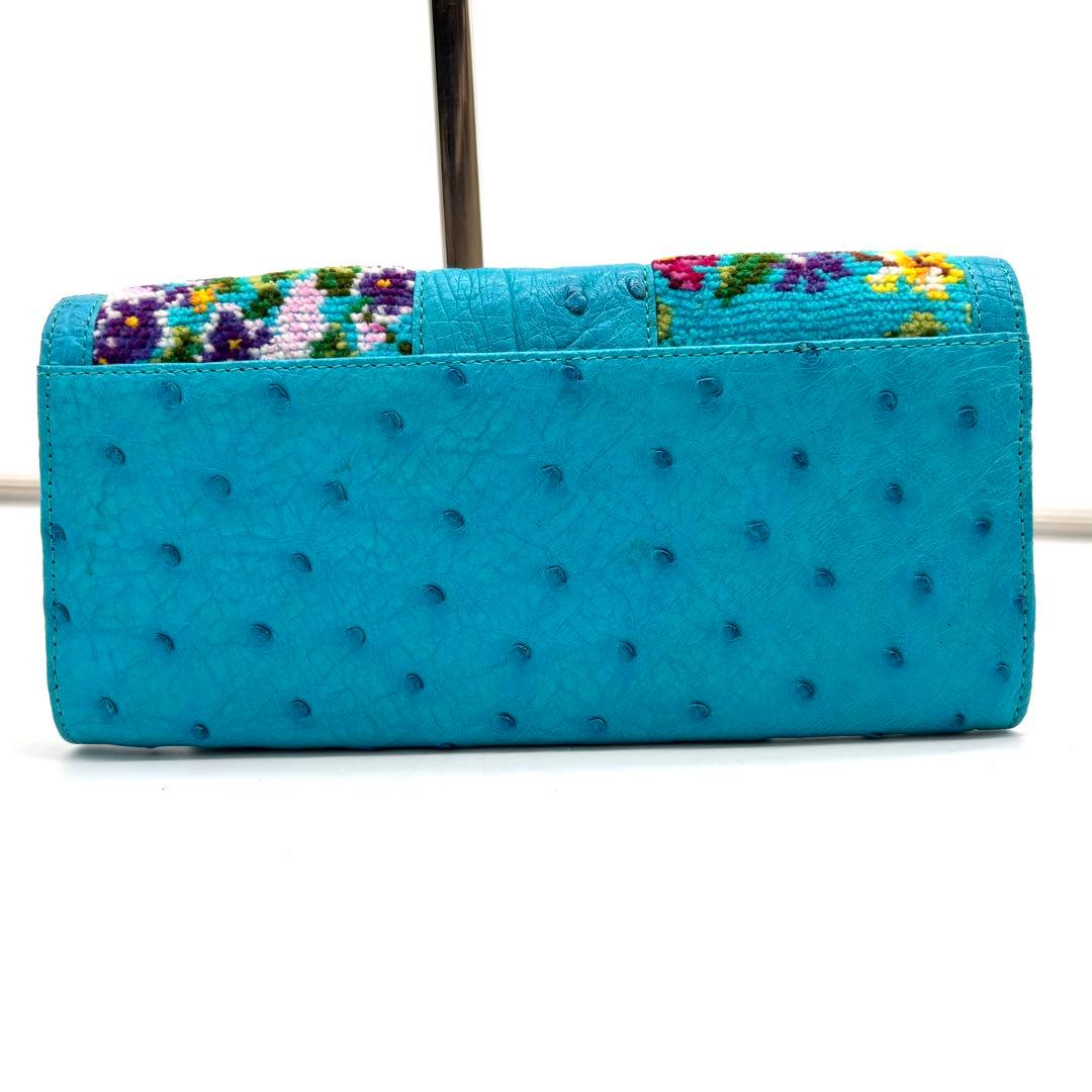 CARA CARA オーストリッチ 本革 長財布 ターコイズ 総柄 フラワー