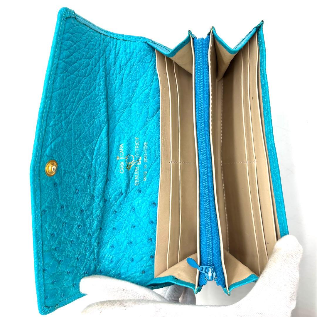 CARA CARA オーストリッチ 本革 長財布 ターコイズ 総柄 フラワー