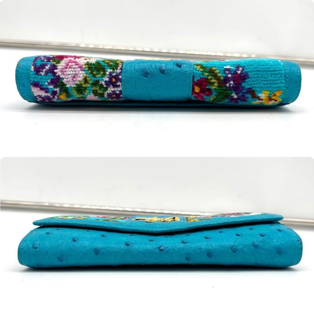 CARA CARA オーストリッチ 本革 長財布 ターコイズ 総柄 フラワー