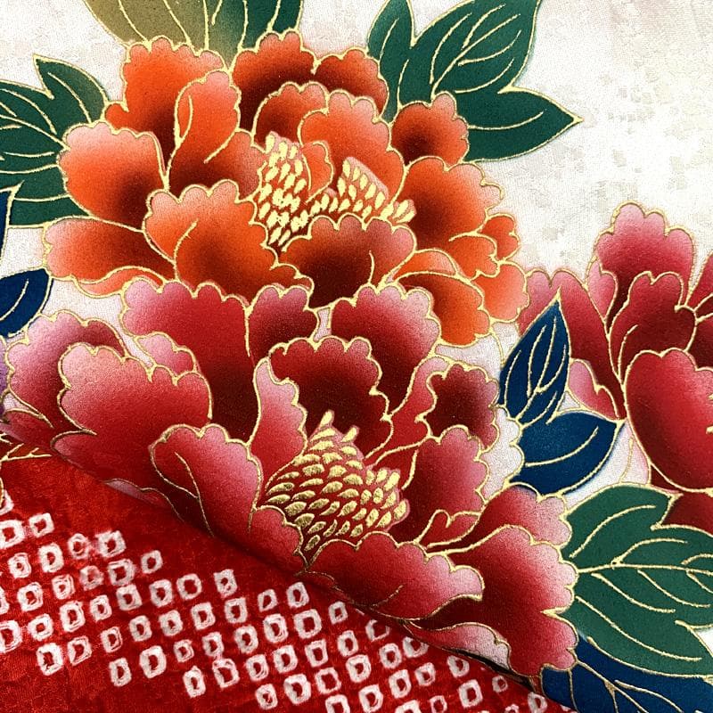 512ag35□七五三 七歳 女児 着物&袋帯 花車 絞染め 白赤□状態