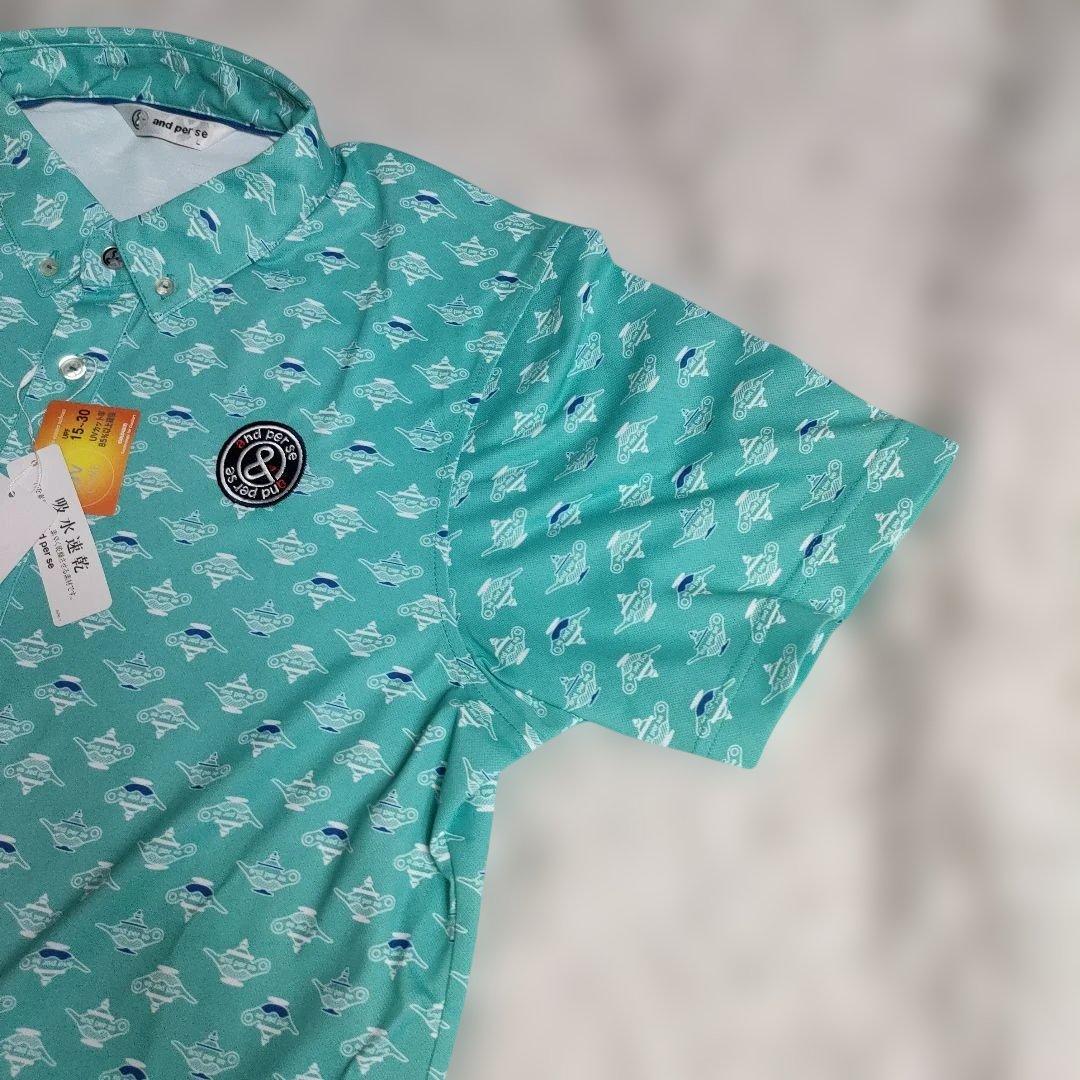AND PER SE アンパスィ 半袖ポロシャツ ボタンダウン 総柄 グリーン系