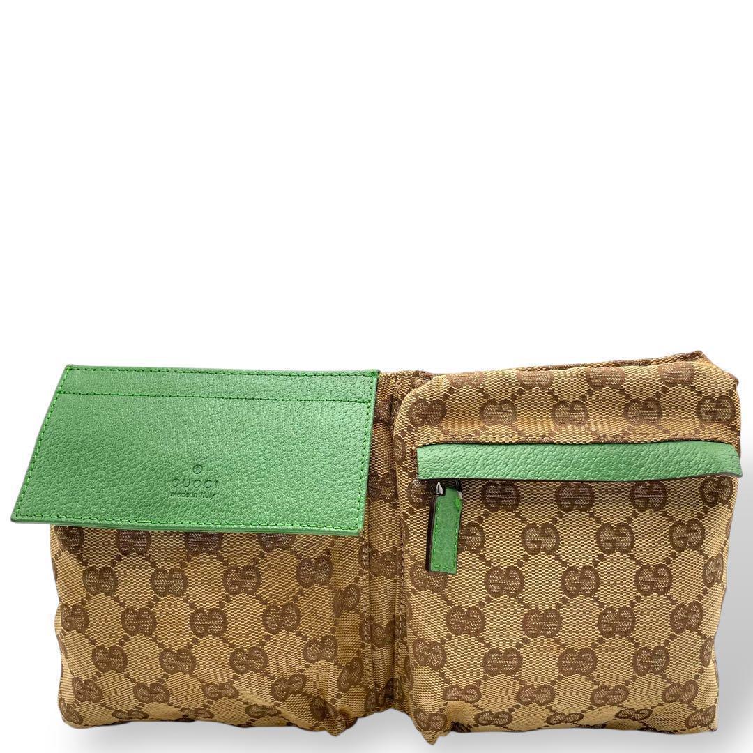 美品 GUCCI ボディバッグ キャンバス グリーン シェリーライン レザー