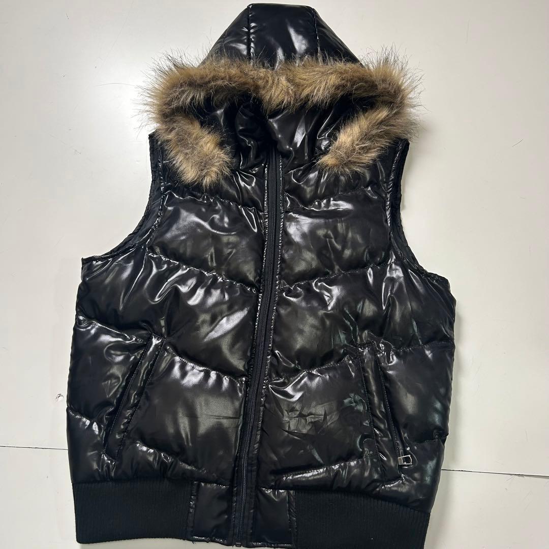 Y2K 平成 00s ファーダウンベスト ベスト グランジ 光沢 ブラック