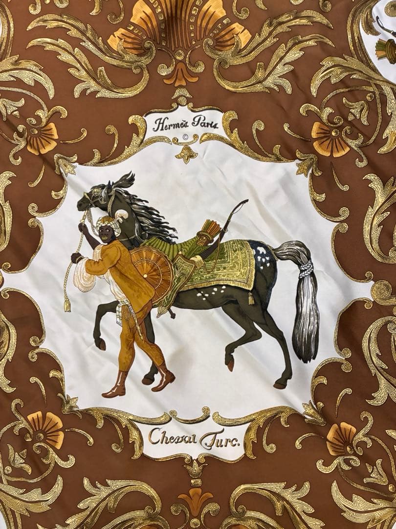 エルメス　スカーフ　ビンテージ　ブラウン　茶色　カレ　90