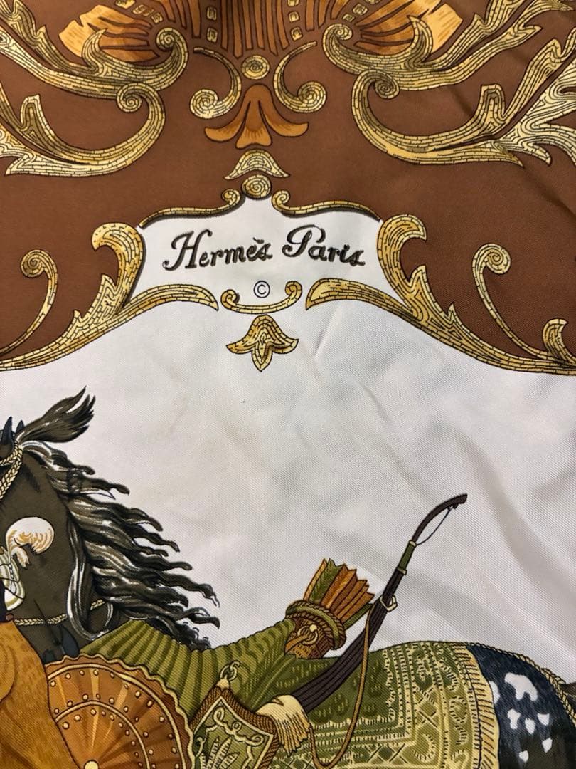 エルメス　スカーフ　ビンテージ　ブラウン　茶色　カレ　90
