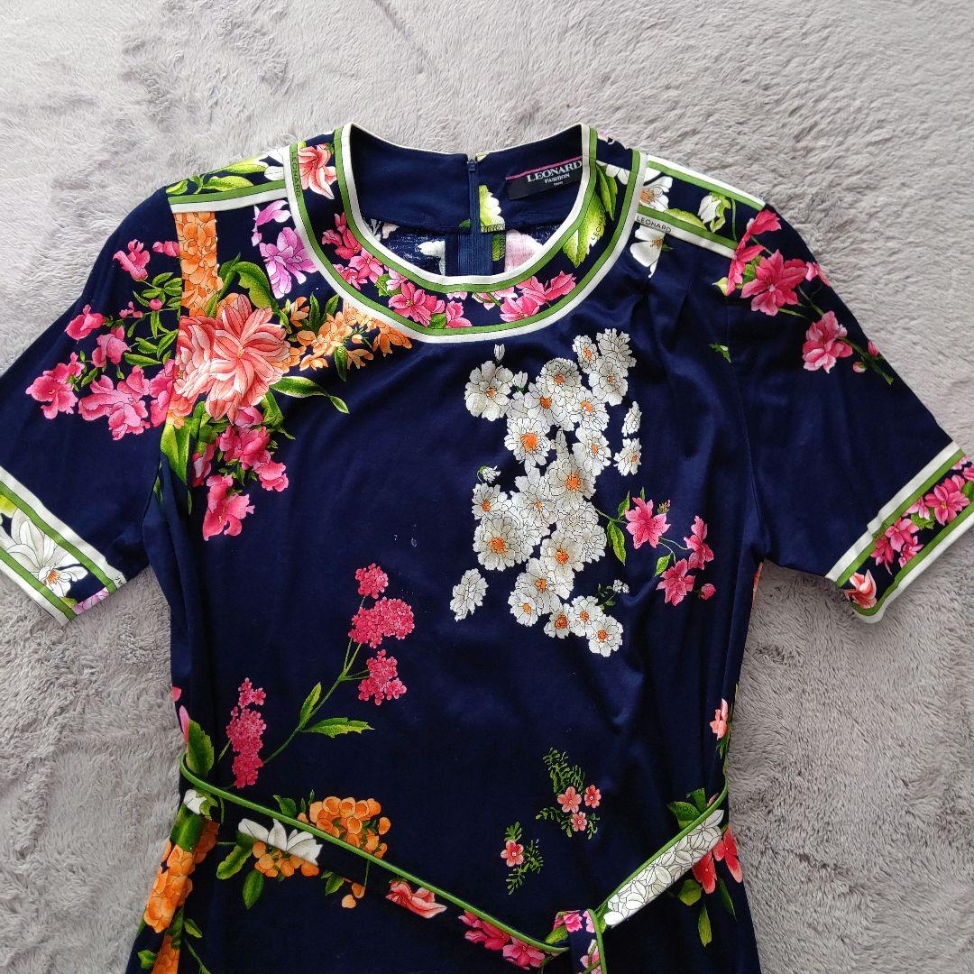 LEONARD フラワープリント ネイビー 半袖ワンピース