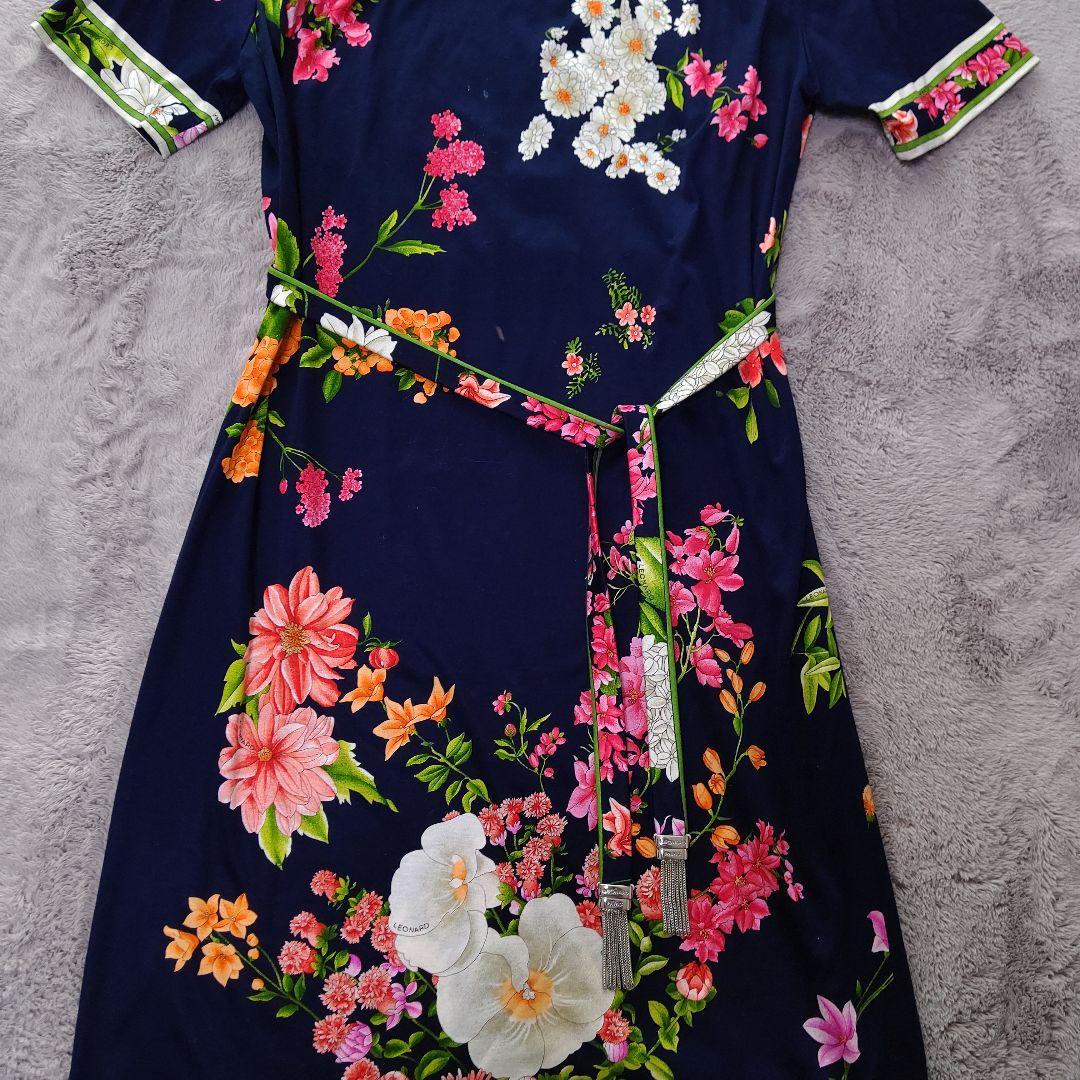 LEONARD フラワープリント ネイビー 半袖ワンピース