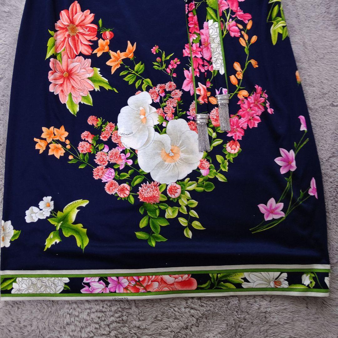 LEONARD フラワープリント ネイビー 半袖ワンピース