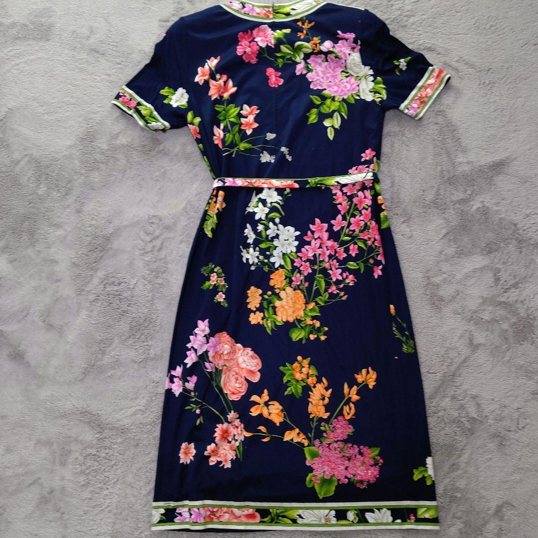 LEONARD フラワープリント ネイビー 半袖ワンピース