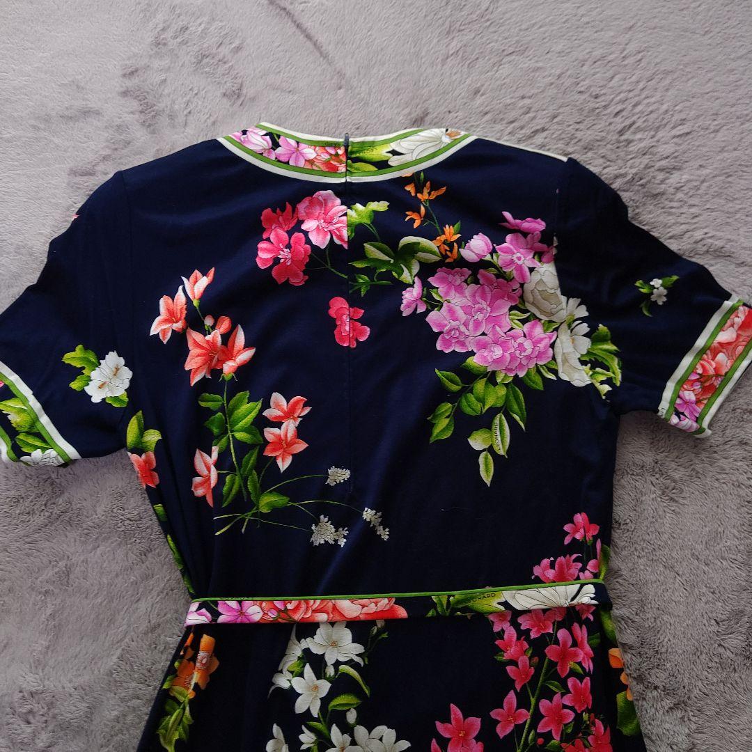 LEONARD フラワープリント ネイビー 半袖ワンピース