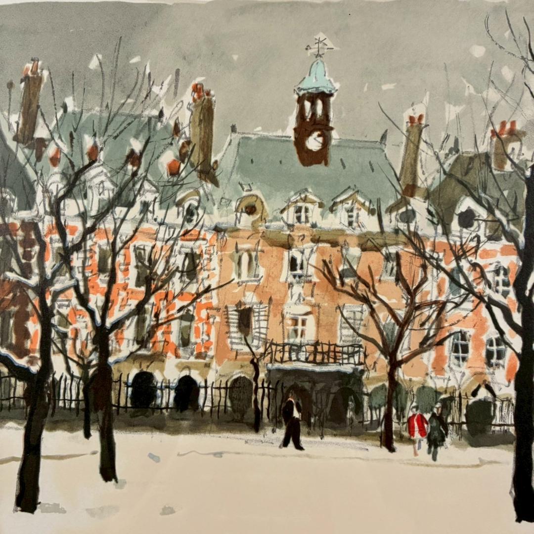 美品 児玉幸雄「雪のボージュ広場」リトグラフ 直筆サイン有 お洒落な
