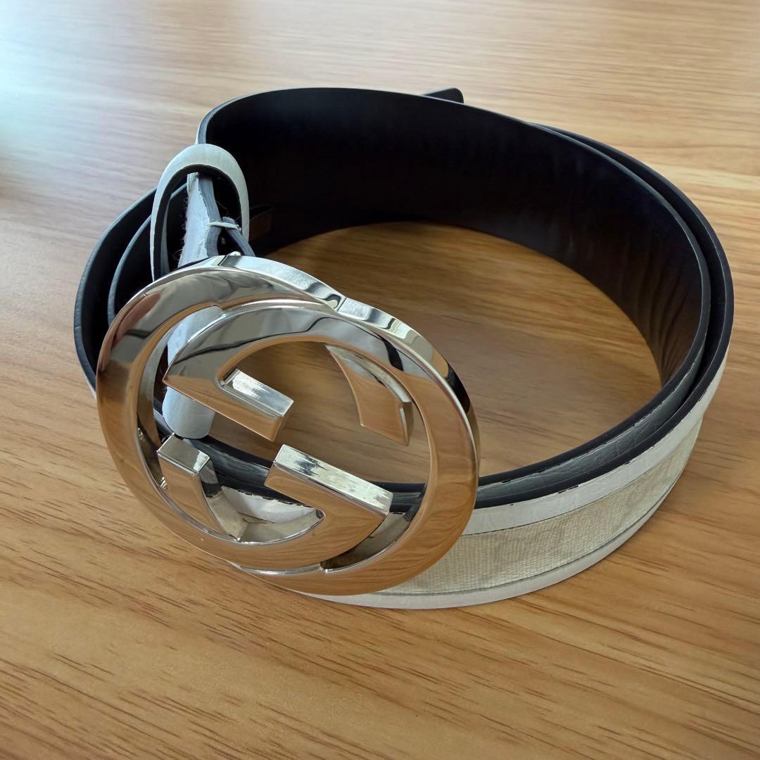 Gucci ホワイト ブラック ベルト　確実正規品　95センチ