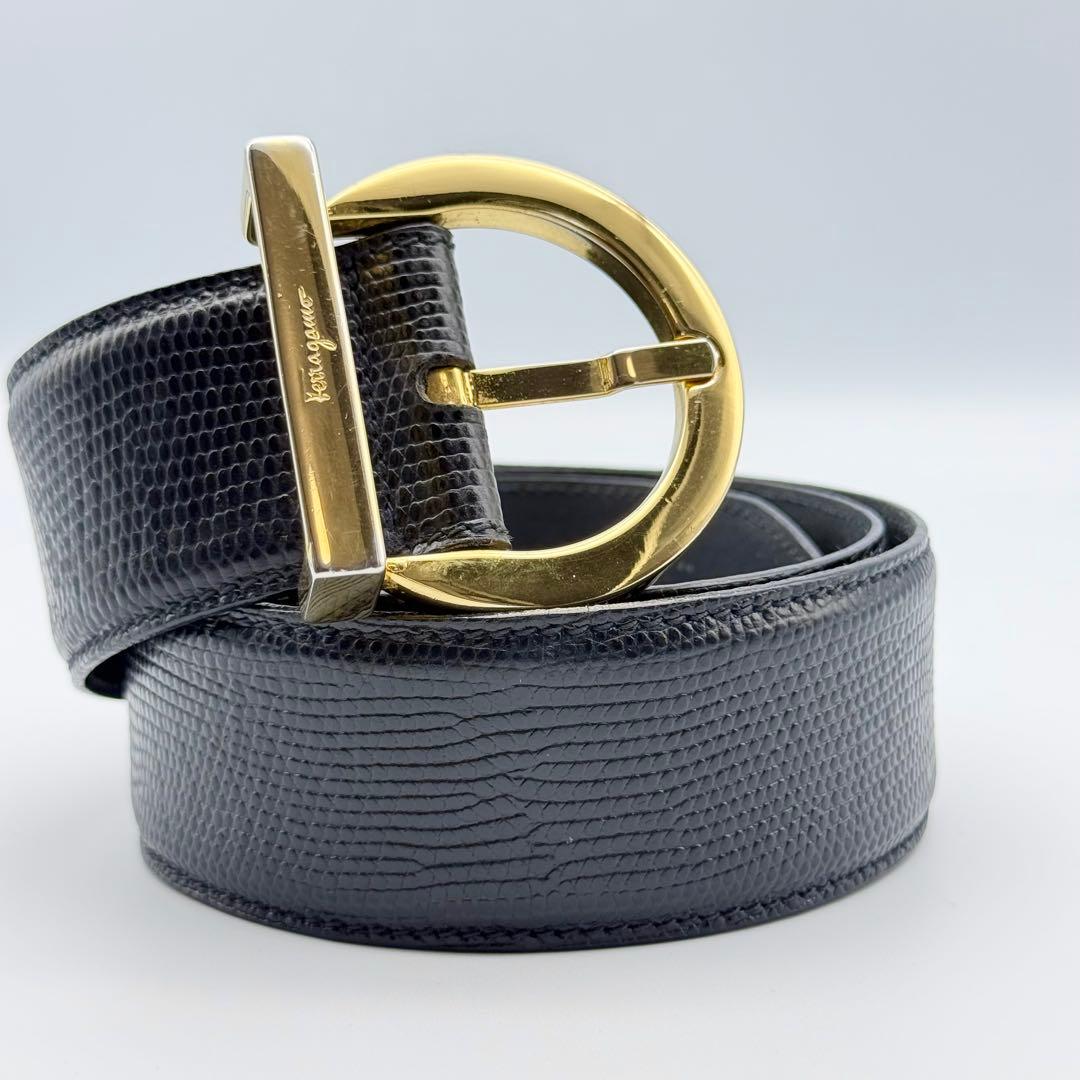 フェラガモ ベルト ガンチーニ リザード型押し レザー ゴールド金具