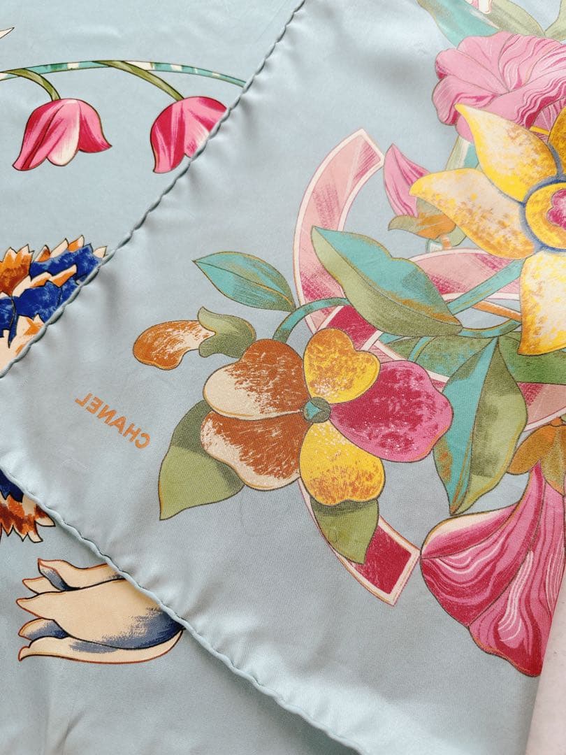 シャネル CHANEL　花柄 大判ストール　シルク100% 水色 ヴィンテージ