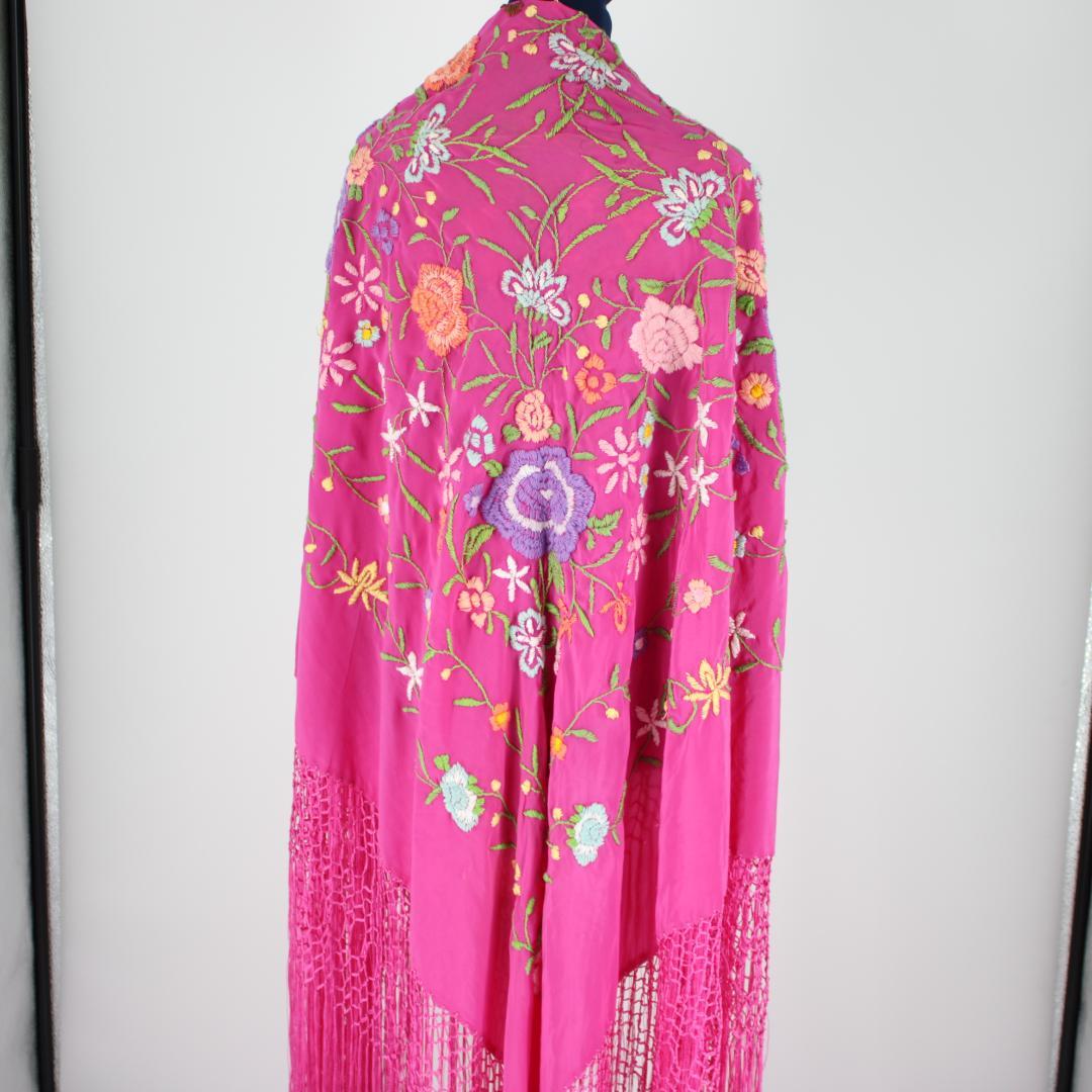 最高級シルク製 フラメンコ用衣装】大判 ピンクフレコ付 多色刺繍花柄