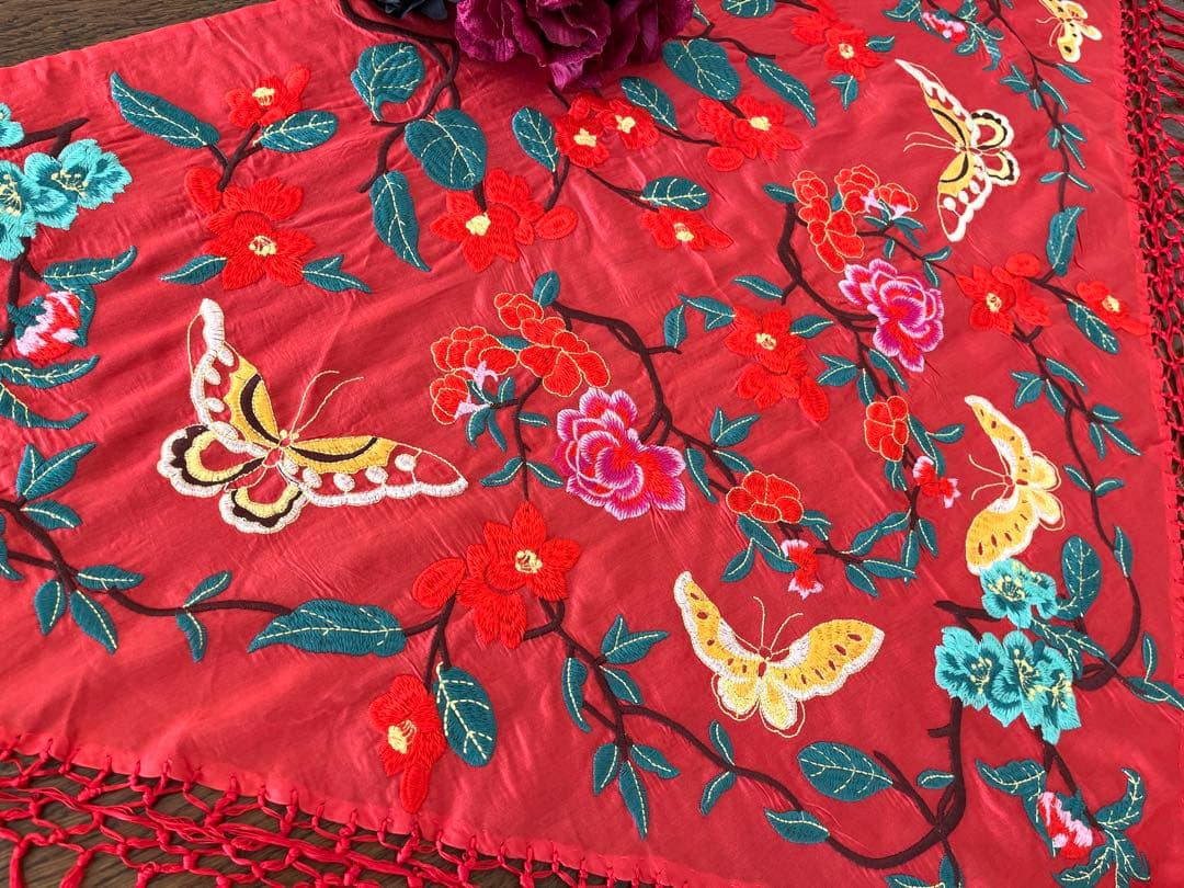 フラメンコ 刺繍シージョ コーラルxマルチカラーお花＆蝶々刺繍