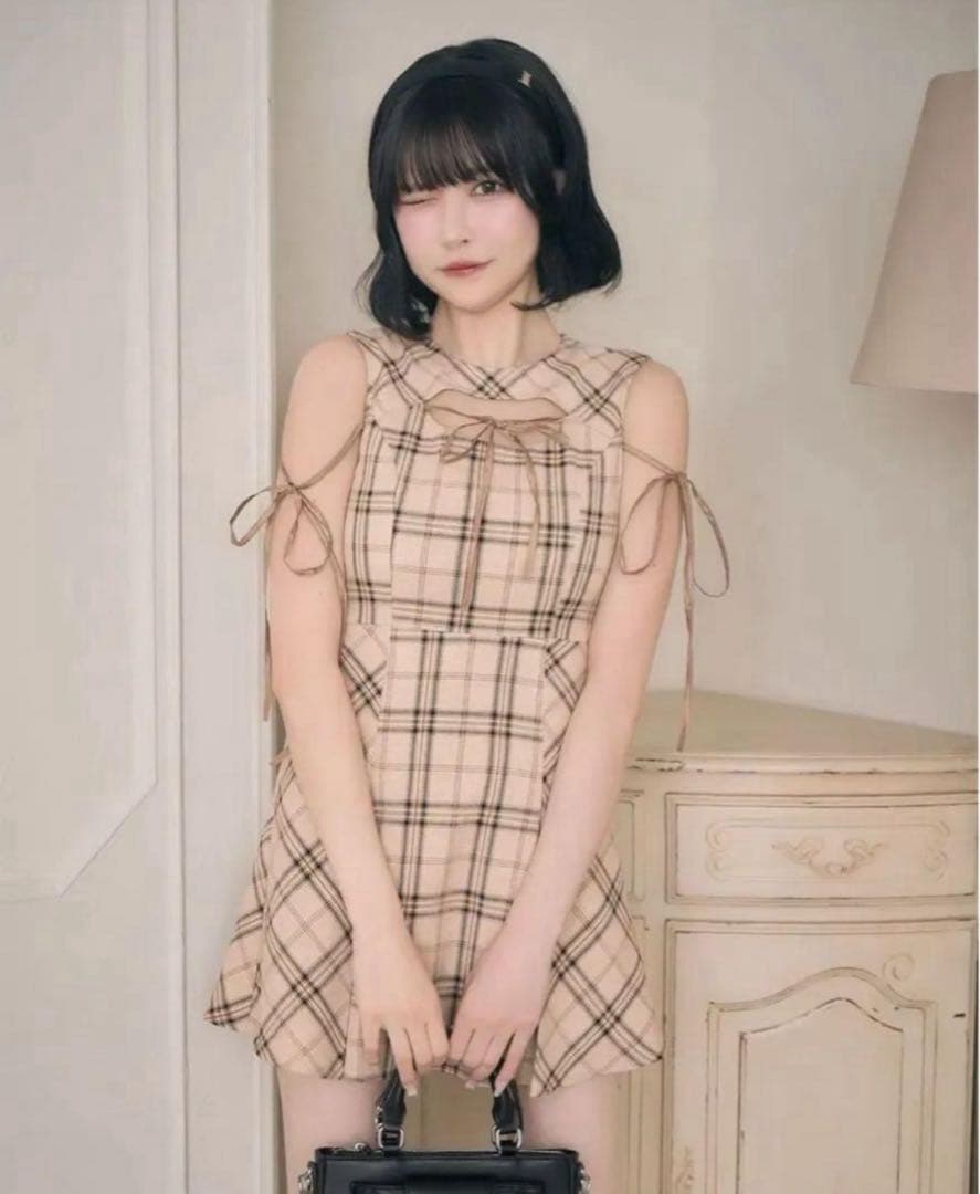 ミシェルマカロン フロントオープンチェックミニワンピ フリーサイズ