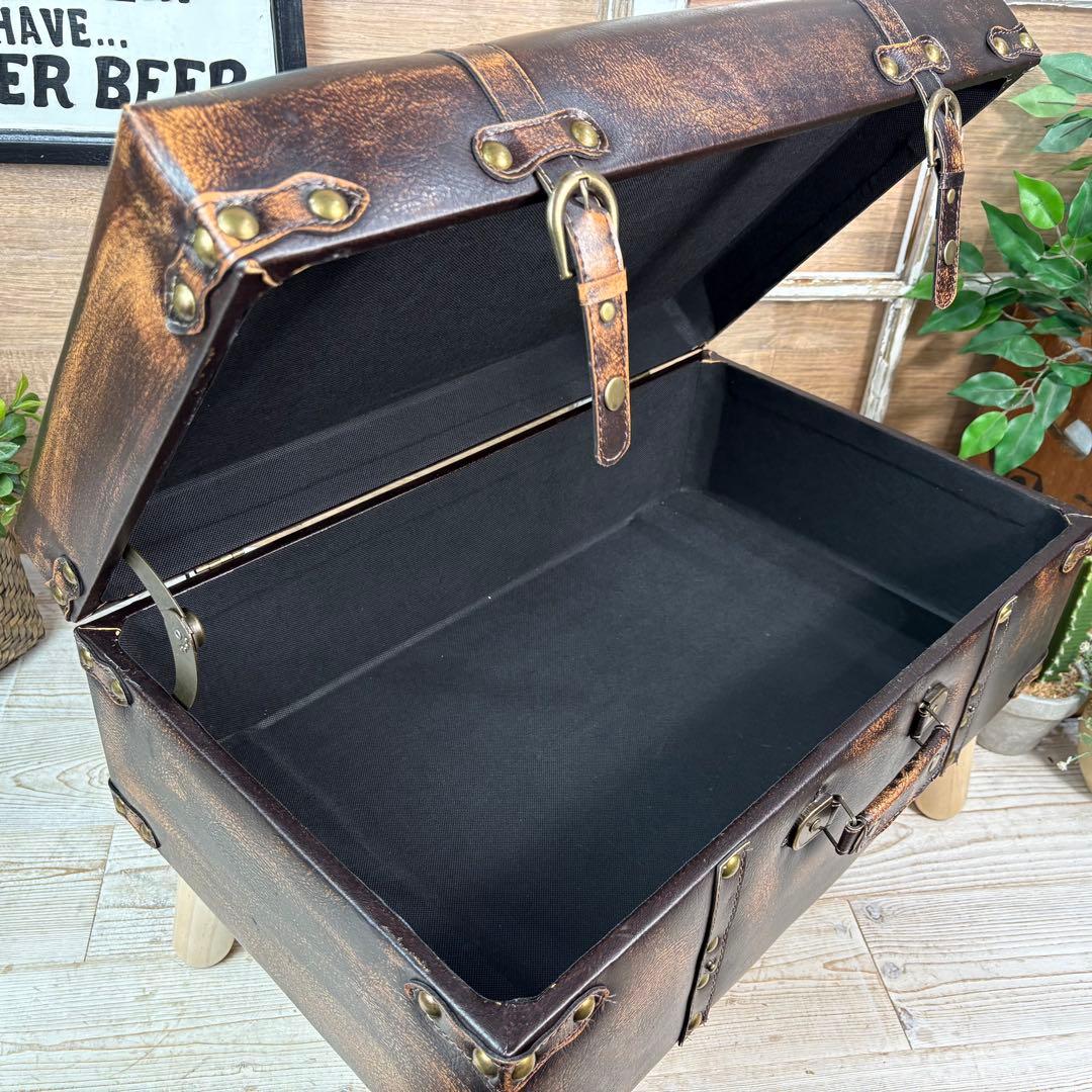 アンティーク調トランク型収納ケース付きレザーベンチスツール木製足