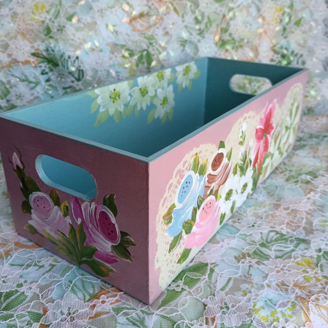 トールペイント 作品花小物入れピンク色水色収納ボックス