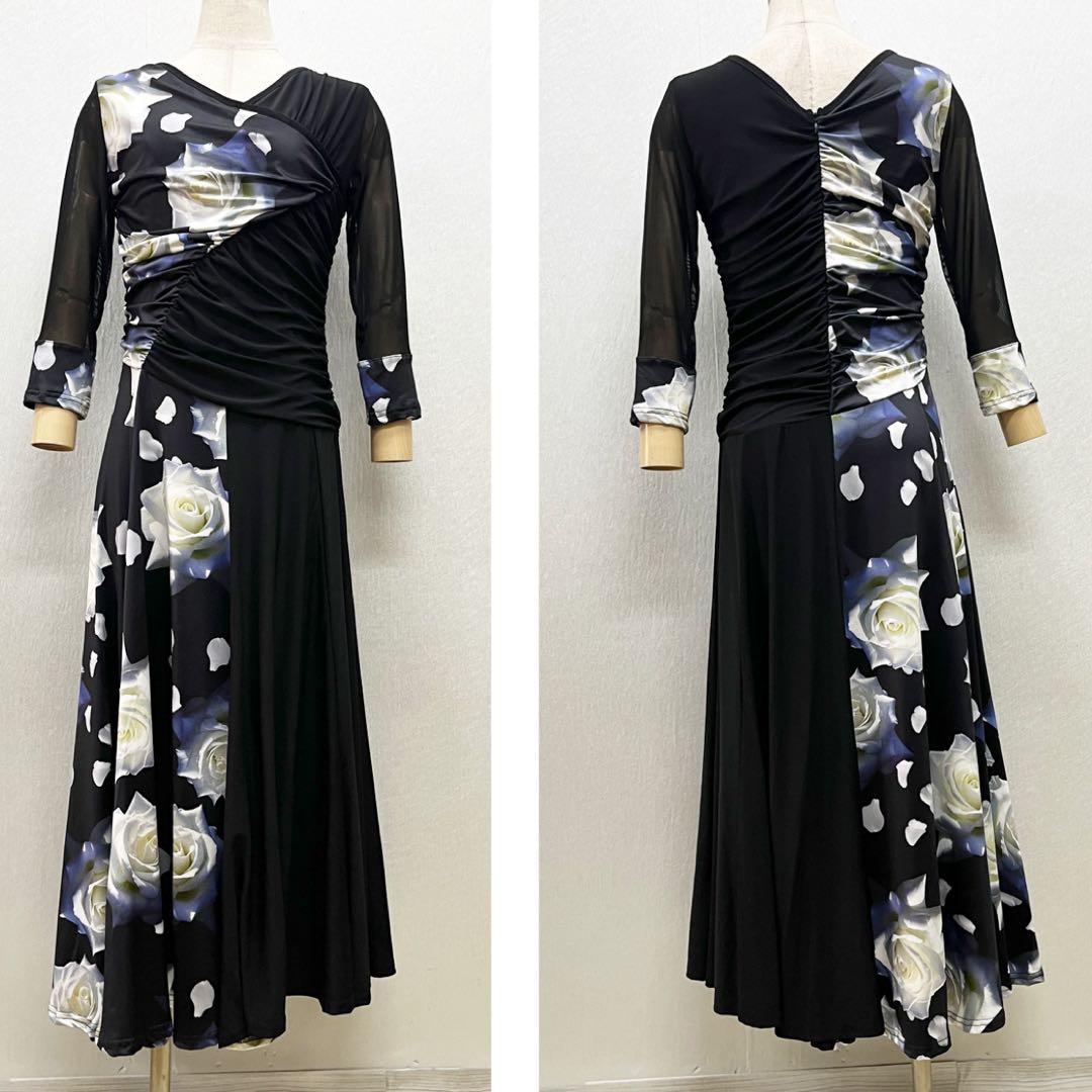 新品 社交ダンス ワンピース ブラック バラ柄 プリント サイズML