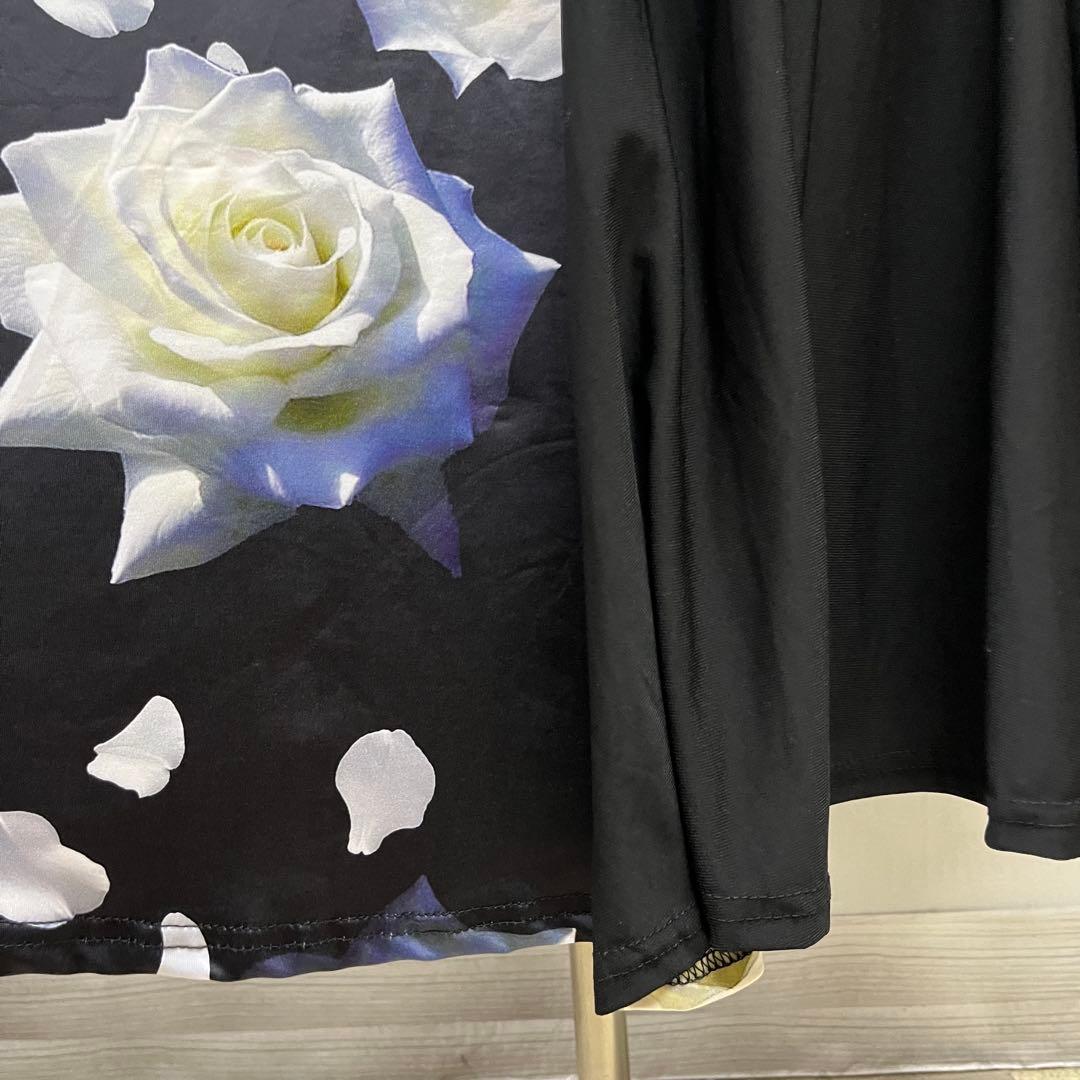 新品 社交ダンス ワンピース ブラック バラ柄 プリント サイズML