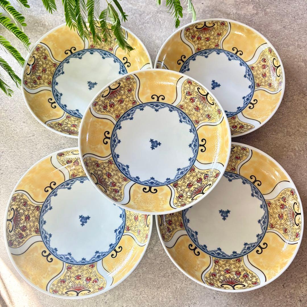 献上古伊万里 大皿 5枚セット 多用皿 黄色 イエロー 金彩 豪華 和皿