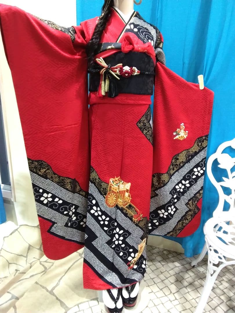 振袖フルセット、正絹絞り成人式、重ね衿帯揚げ帯締め、京うるし箔袋帯、襦袢