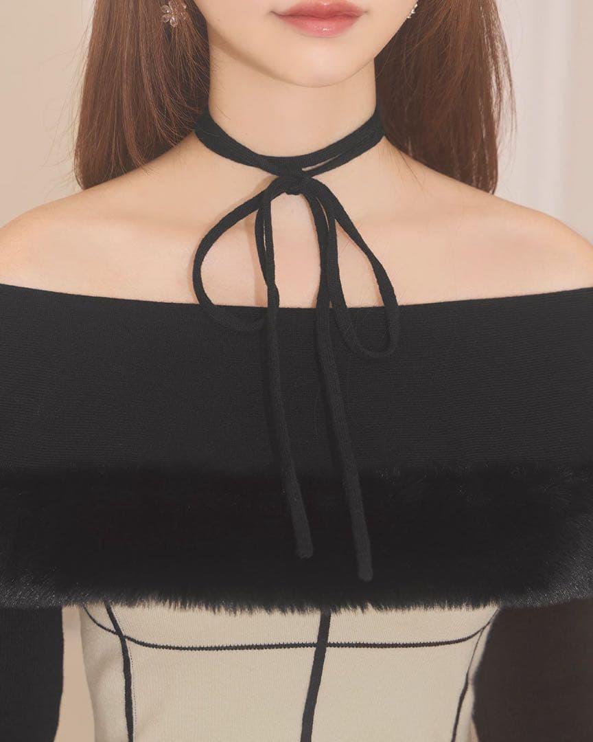 ミシェルマカロン フェザーオフショルチェックワンピース