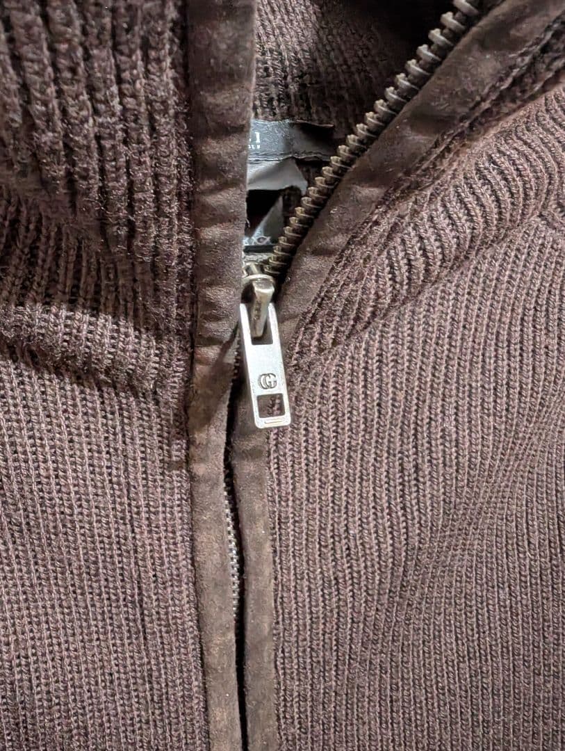 美品 GUCCI レザーパッド ダークブラウン ニット ジャケット