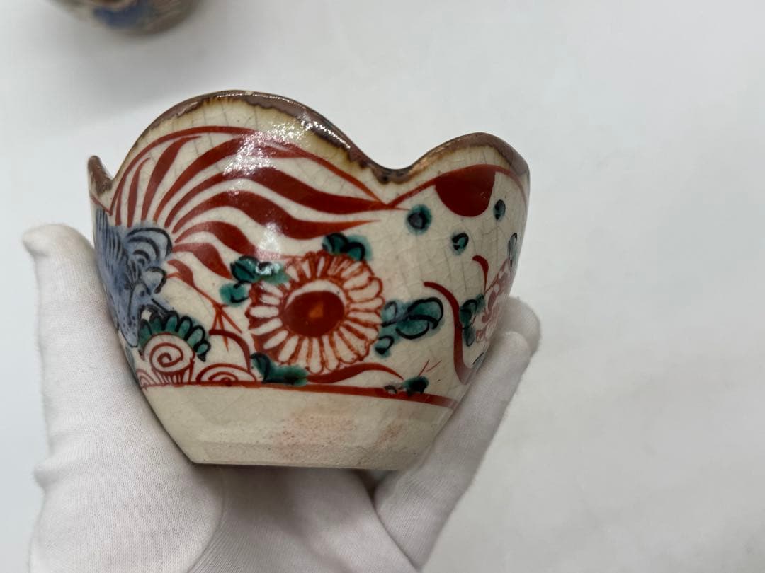 時代　赤絵花口鉢5点　春逸作　送料込み250611