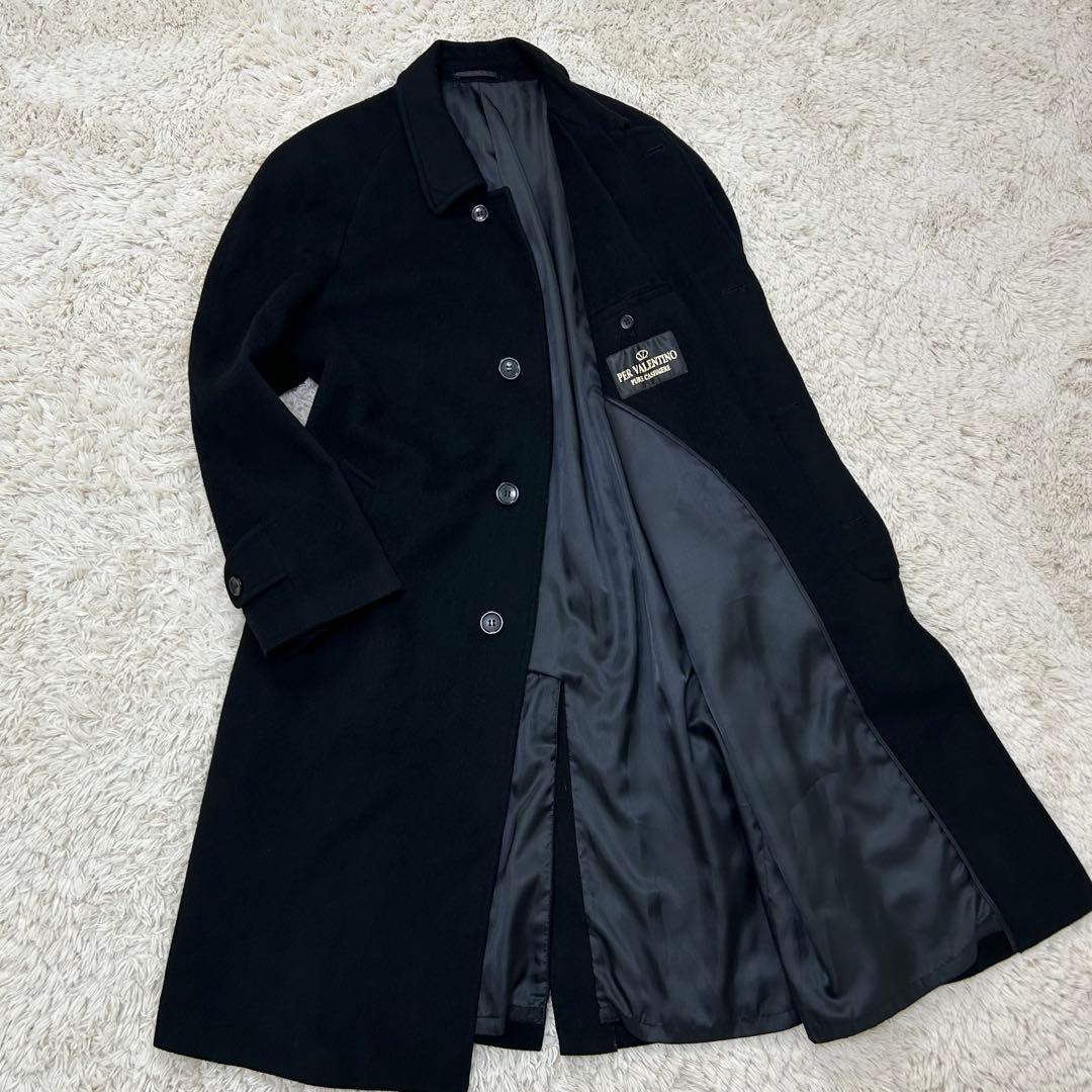 【カシミヤ100%】PER VALENTINO ロング丈 ステンカラーコート 黒