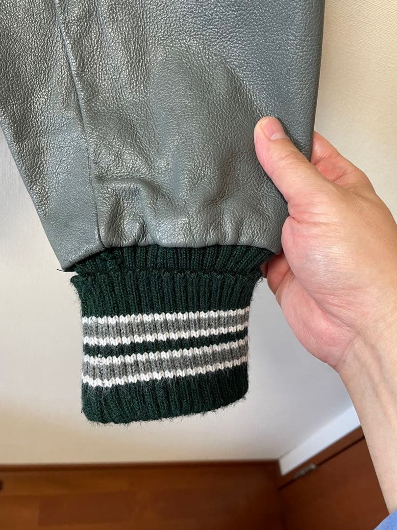 DeLONG レザースリーブ 無地スタジャン 2XL ネイビー＆グレー