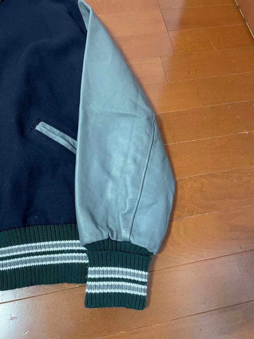 DeLONG レザースリーブ 無地スタジャン 2XL ネイビー＆グレー