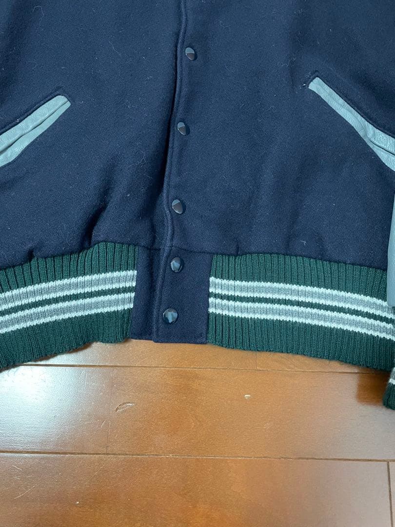 DeLONG レザースリーブ 無地スタジャン 2XL ネイビー＆グレー