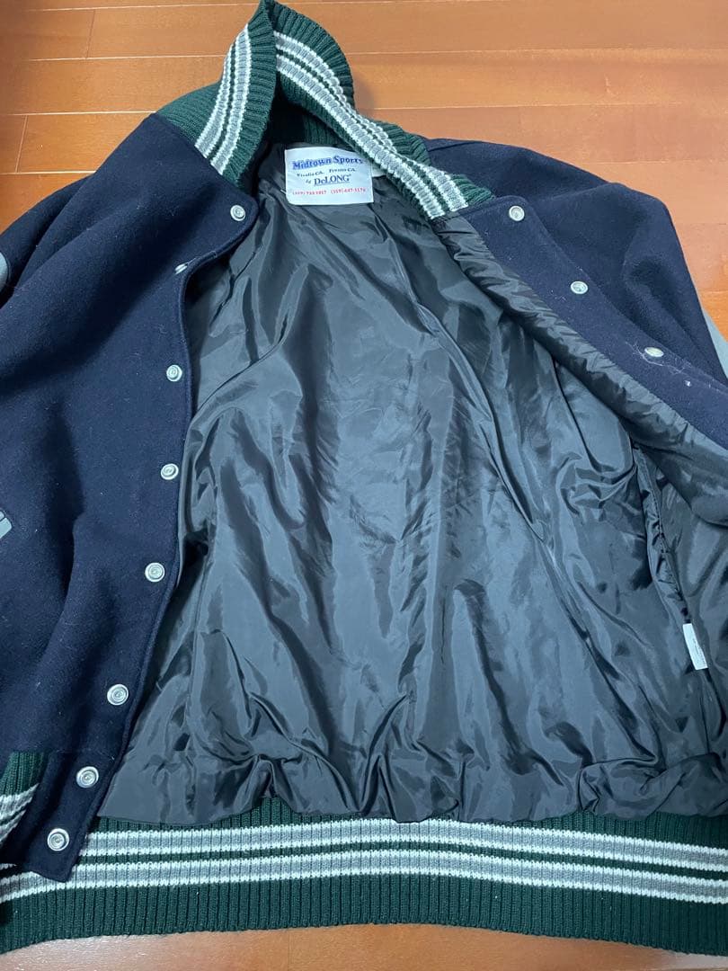 DeLONG レザースリーブ 無地スタジャン 2XL ネイビー＆グレー