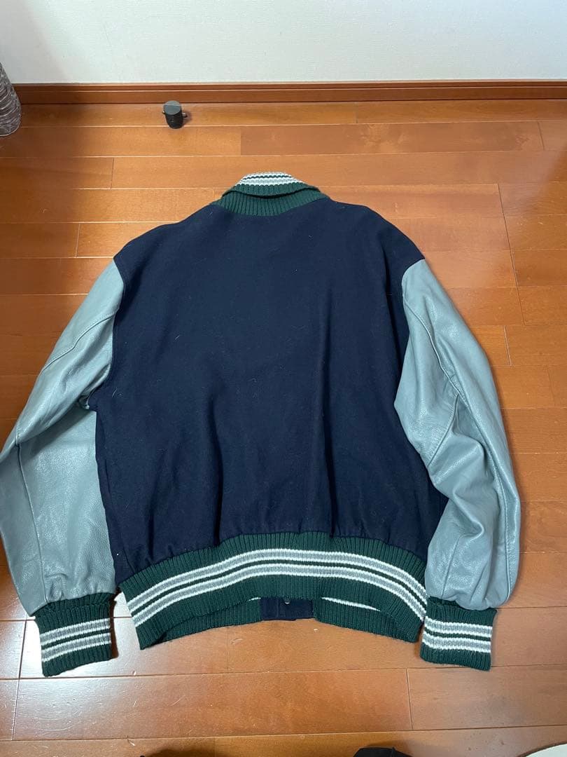 DeLONG レザースリーブ 無地スタジャン 2XL ネイビー＆グレー