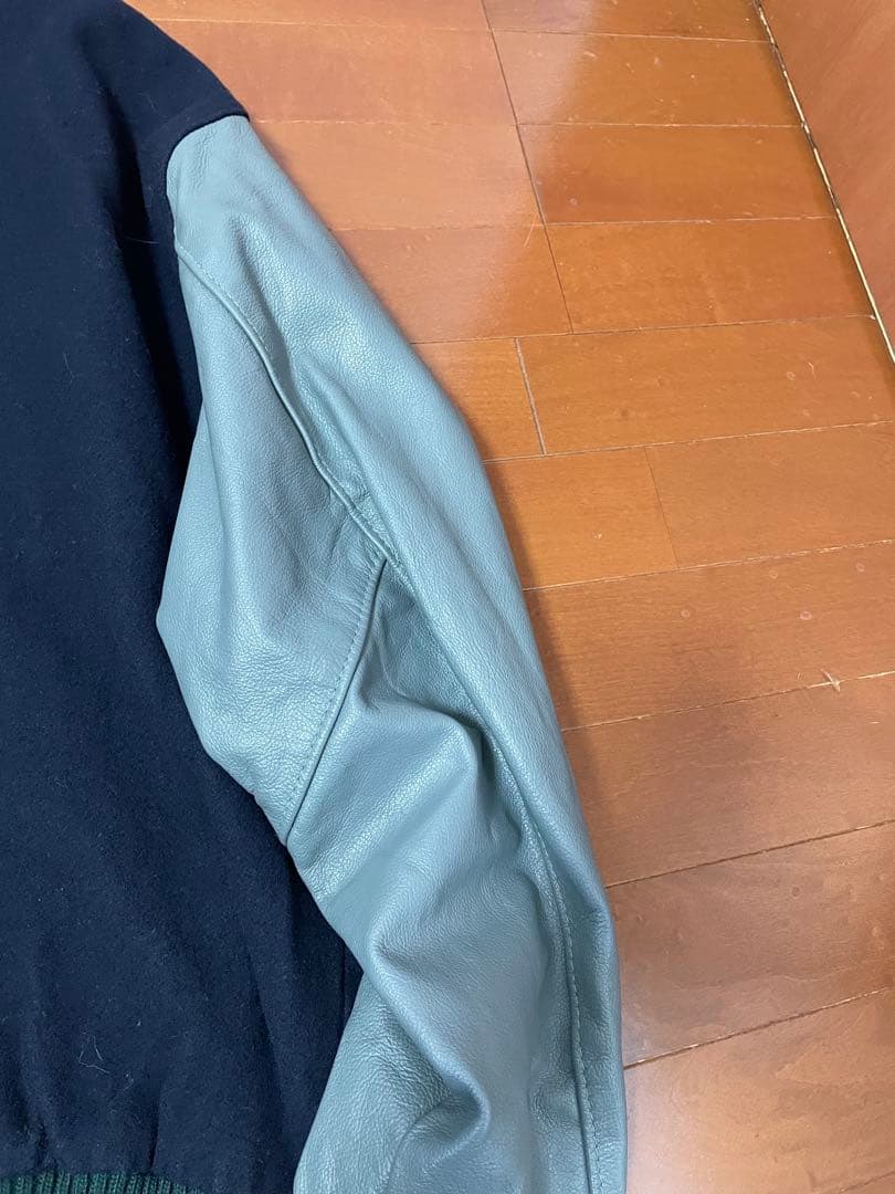 DeLONG レザースリーブ 無地スタジャン 2XL ネイビー＆グレー