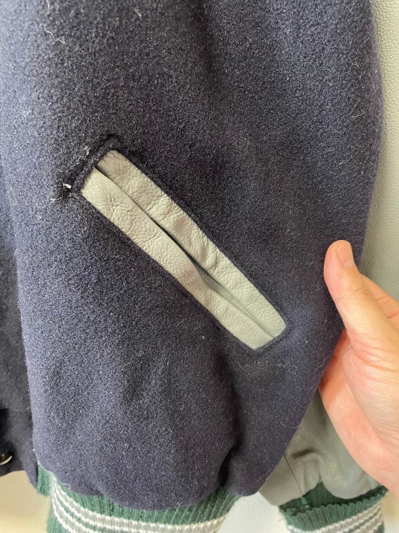 DeLONG レザースリーブ 無地スタジャン 2XL ネイビー＆グレー