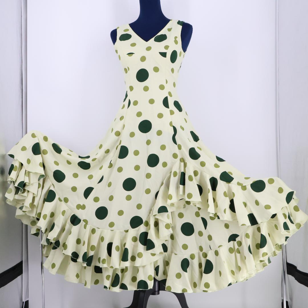 【美品 フラメンコ衣装】グリーン ワンピース ドレス ボランテ 水玉 ドット 緑