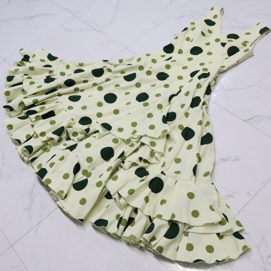 【美品 フラメンコ衣装】グリーン ワンピース ドレス ボランテ 水玉 ドット 緑