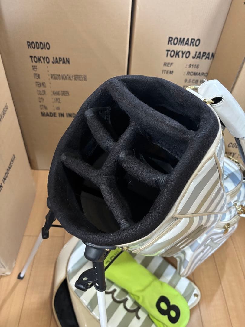 良品 ムータマリン ボーダー エナメル 3点式スタンド型キャディバッグ　男女兼用