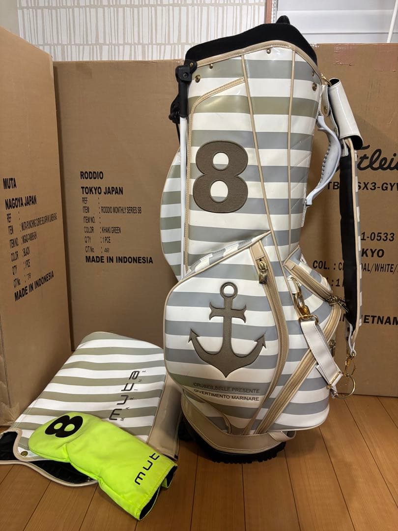 良品 ムータマリン ボーダー エナメル 3点式スタンド型キャディバッグ　男女兼用