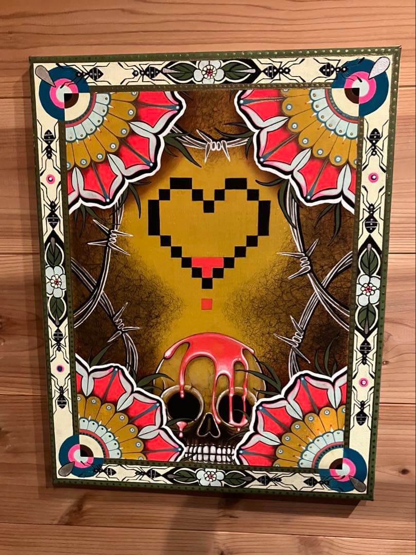 現代アート 油彩画 肉筆 一点物 スカル ピクセルハート F6号相当 ガレージ