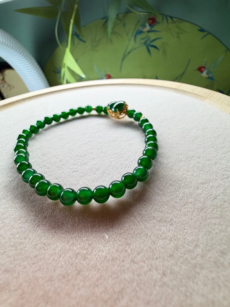 希少‼️天然翡翠　ロウカン質極上氷陽緑翡翠18kビーズ入り【福気満々】ブレスレット