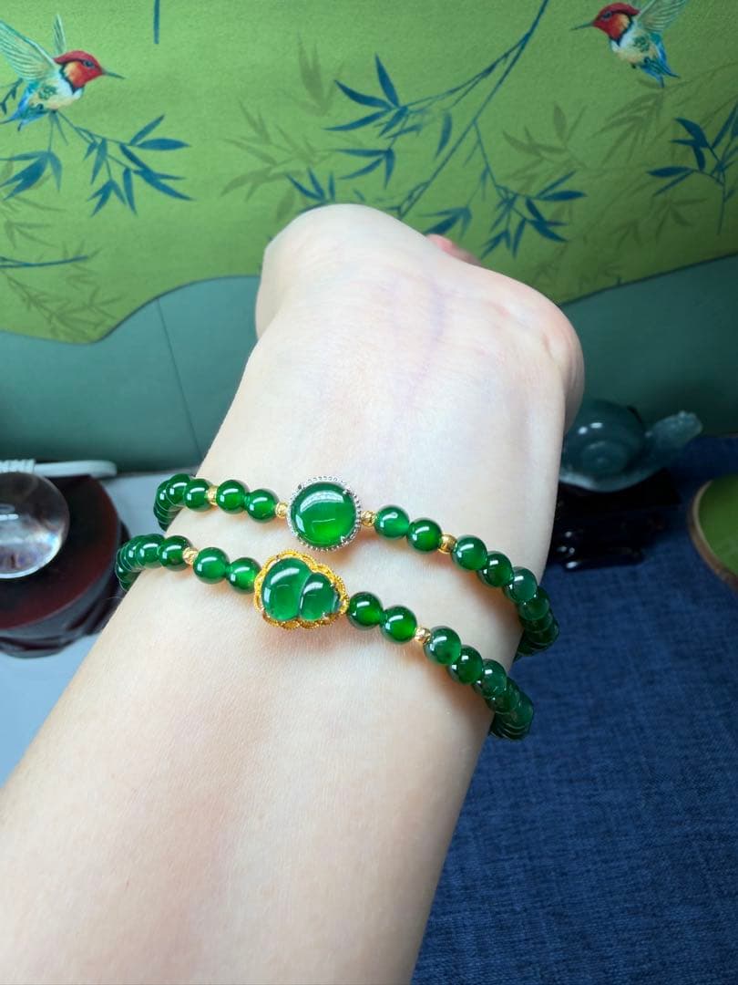 希少‼️天然翡翠　ロウカン質極上氷陽緑翡翠18kビーズ入り【福気満々】ブレスレット