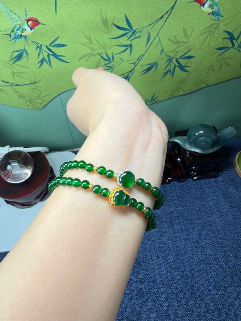 希少‼️天然翡翠　ロウカン質極上氷陽緑翡翠18kビーズ入り【福気満々】ブレスレット