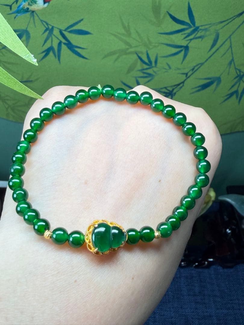 希少‼️天然翡翠　ロウカン質極上氷陽緑翡翠18kビーズ入り【福気満々】ブレスレット