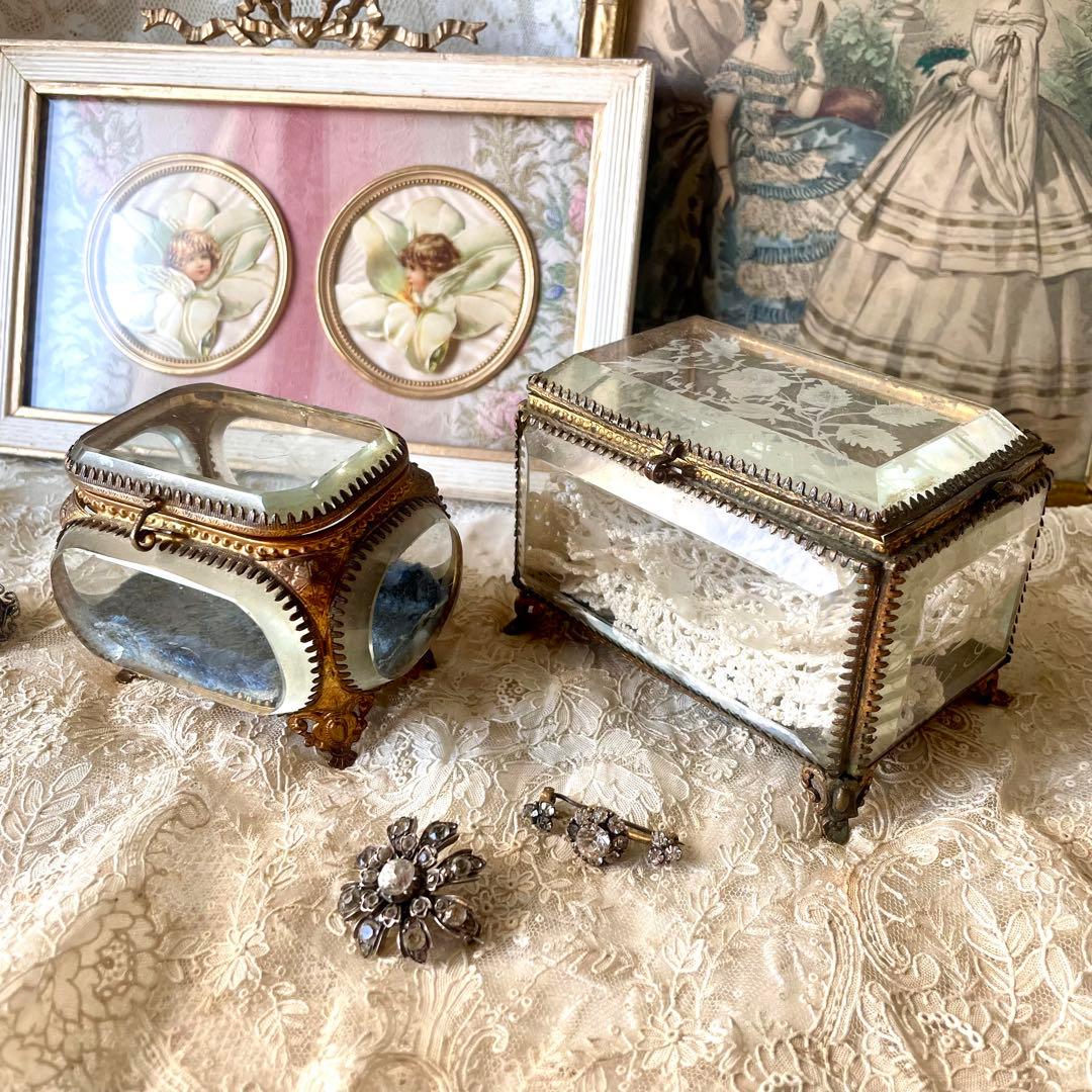 ベベルガラスジュエリーボックス　アクセサリーケース　フランスアンティーク